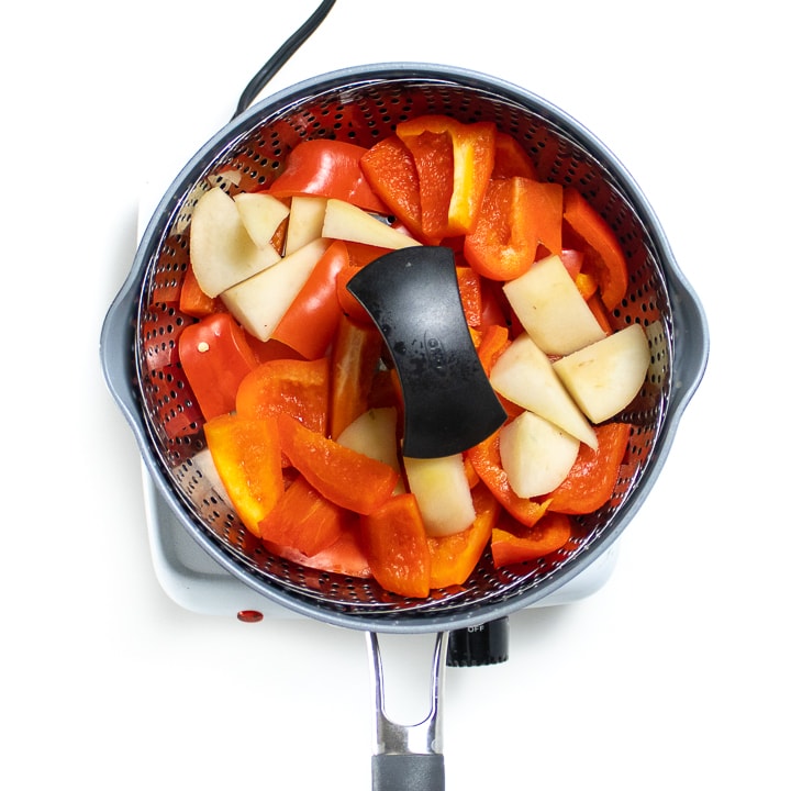 Red Pepper in a steamer basket.