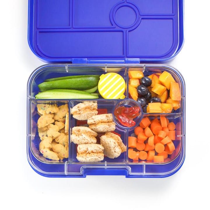 Blue 5-section bento box filled with healthy and colorful food.