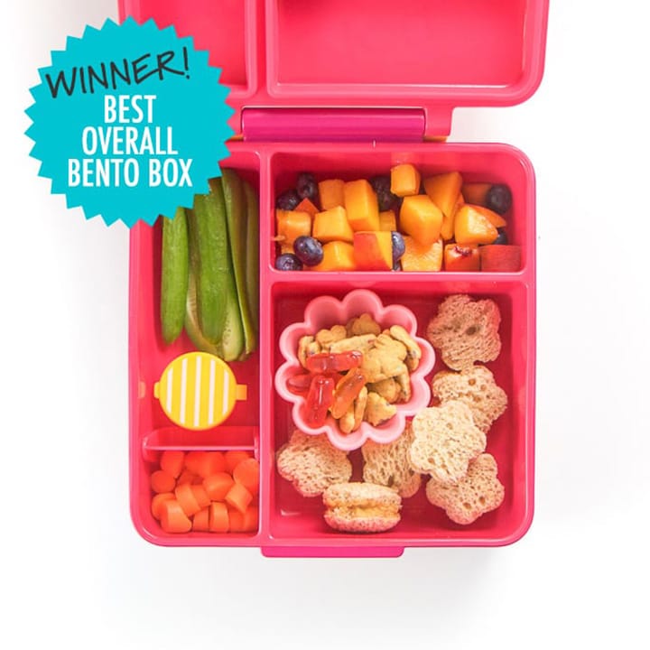 Pink school lunch box full of healthy food for kids. This box won for the best overall bento box.