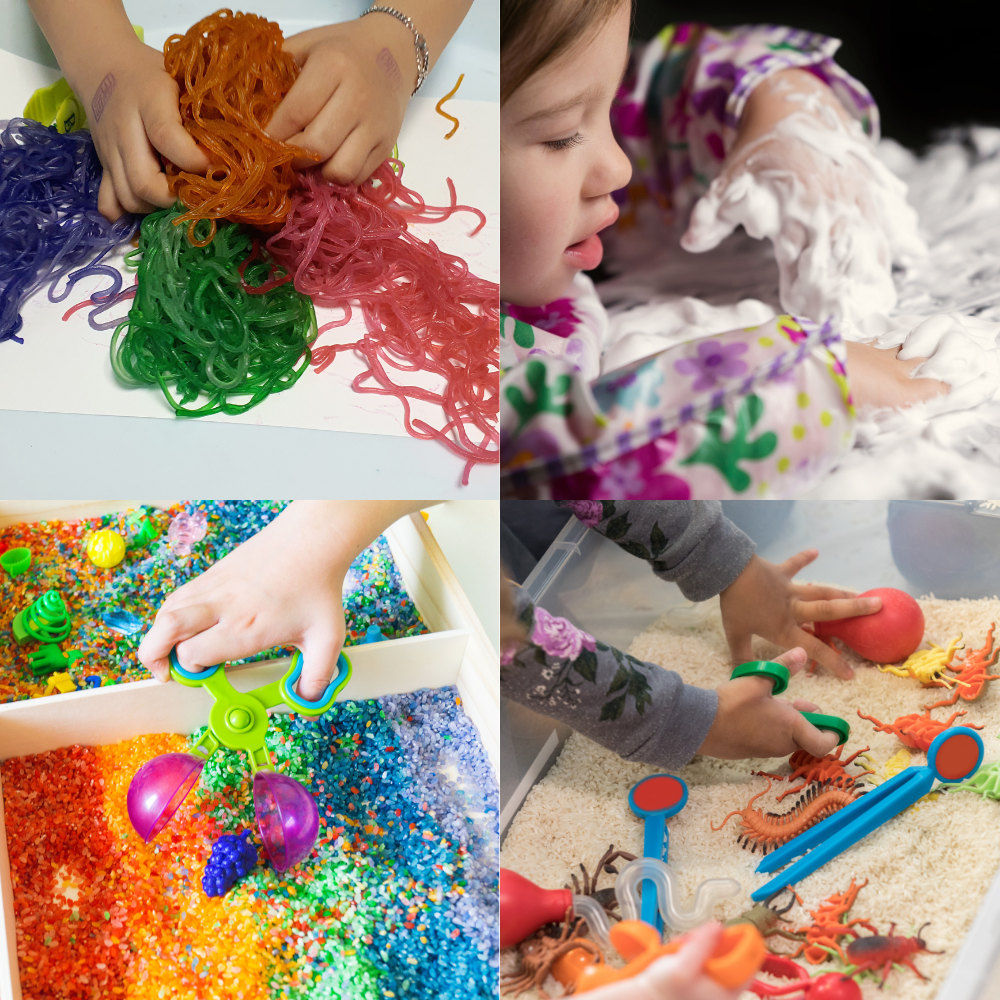 Grid of four images showing kids playing with food. 