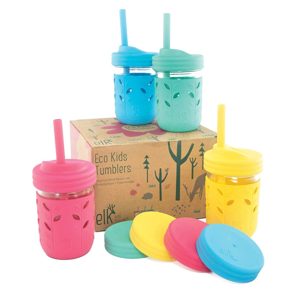 glass jars with colorful linings for toddler drinks and smoothies. 