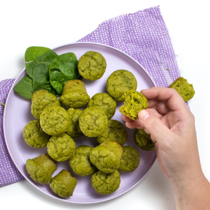 A purple kids plate with a purple napkin full of spinach muffins with a hand holding a broken muffin.