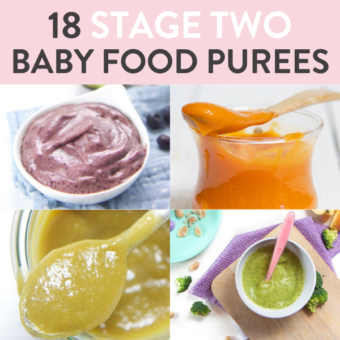 Graphic for post – 18 stage two baby food purées, a grid of four colorful combination purées for baby.