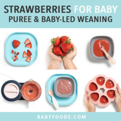 Graphic for post - strawberries for baby - purees or baby-led weaning. Images are in a grid with hands showing off the different foods.