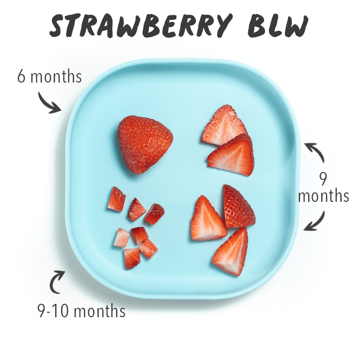 Blue baby with 4 different ways to cut a strawberry for baby led weaning. 