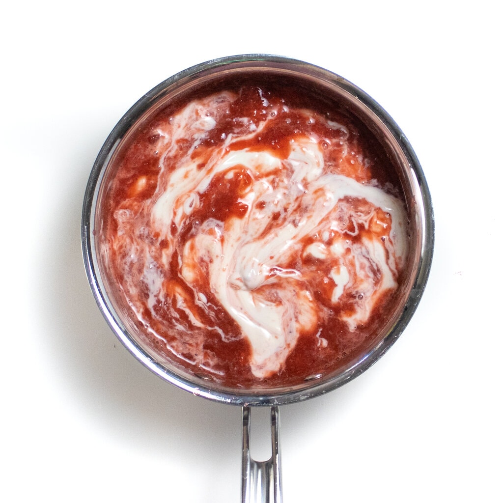 Pan filled with a strawberry purée and yogurt.