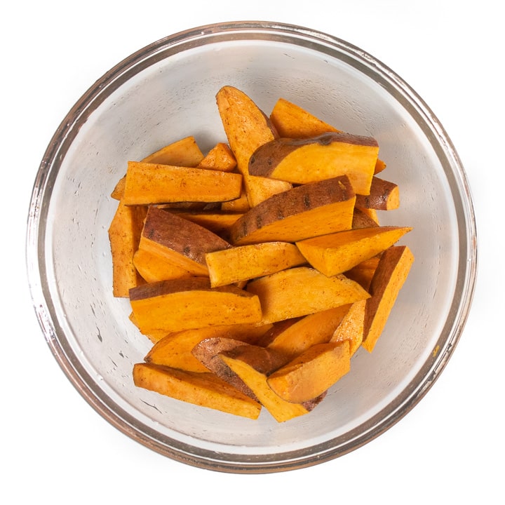 Bowl full of sweet potato wedges for baby.