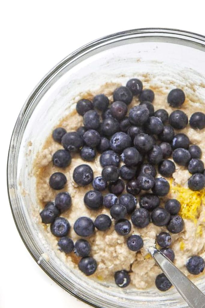 Bowl for of batter for toddler blueberry muffins.