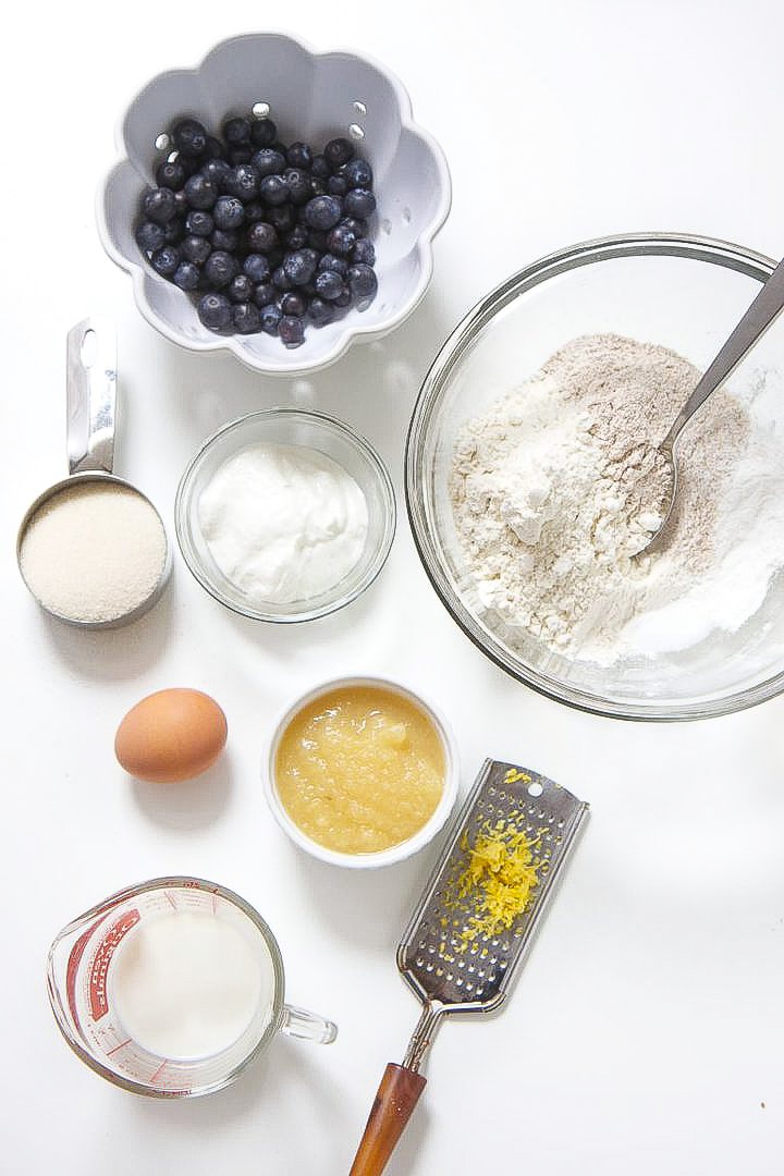 Ingredients spread out for toddler blueberry muffins. 