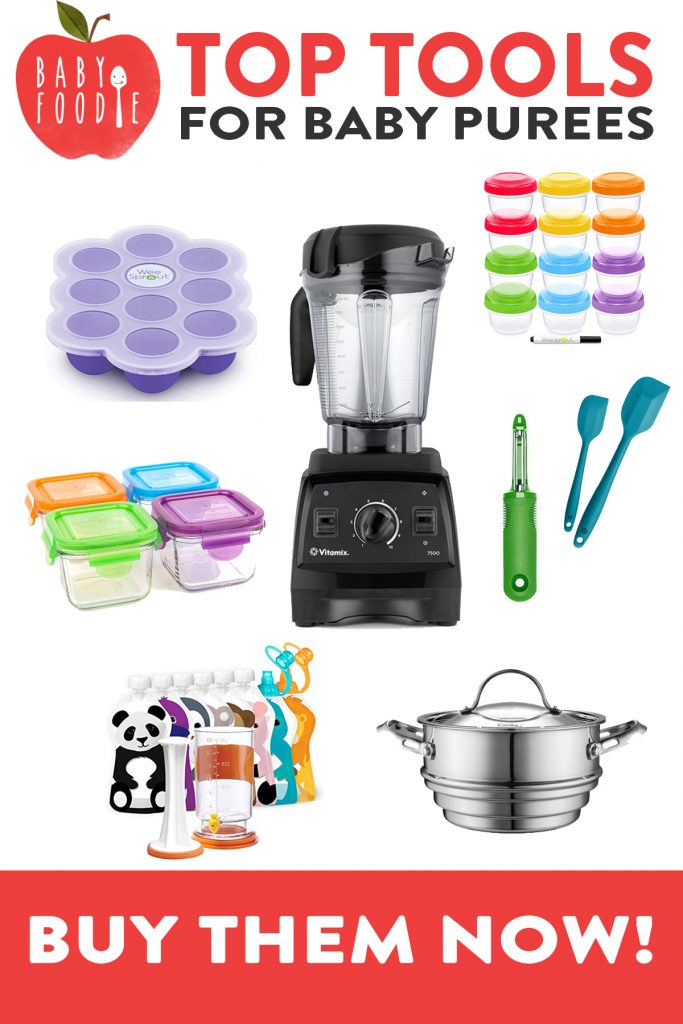 Graphic of my Top Tools for Baby Purees - showing a blender, storage containers, spatula, steamer basket and reusable pouches