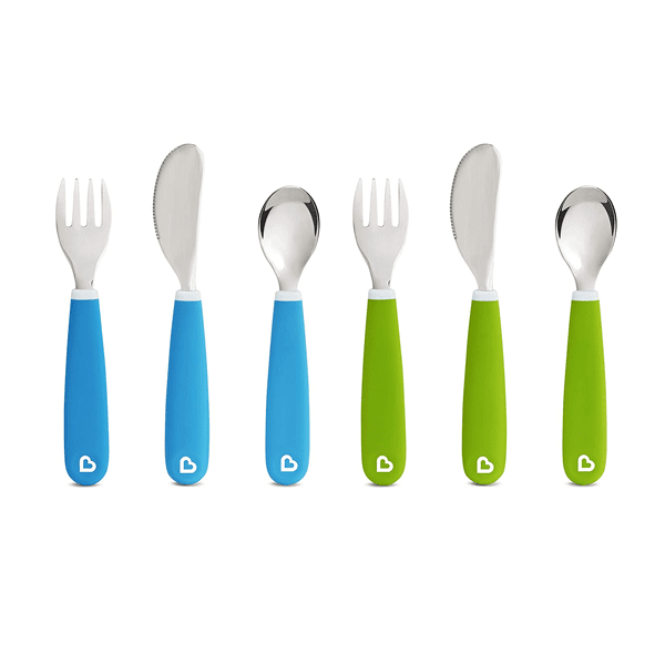 2 sets of colorful utensils for toddlers.