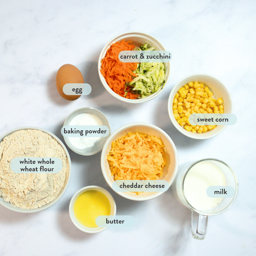 Ingredients for veggie pancakes on my kitchen counter with graphic titles showing which each of them are – white whole wheat, flour, baking powder, butter, cheddar cheese, milk, sweetcorn, carrots, and zucchini, and an egg.