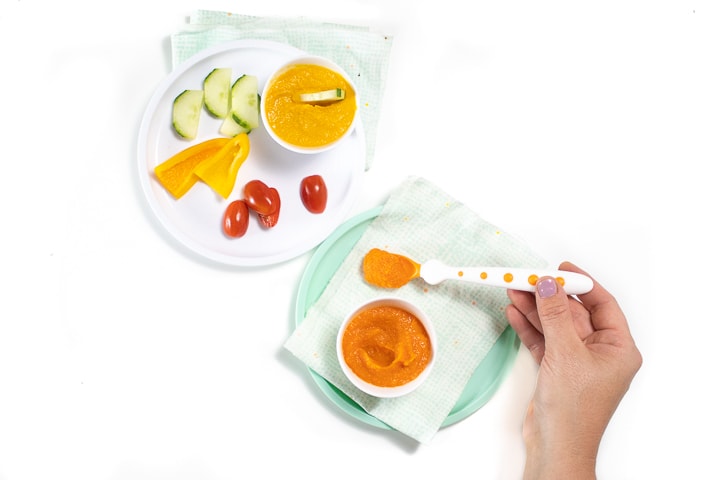 Two different plates with recipe on them - one is a veggie loaded dip for toddler and the other is a small bowl of veggie loaded puree for baby.