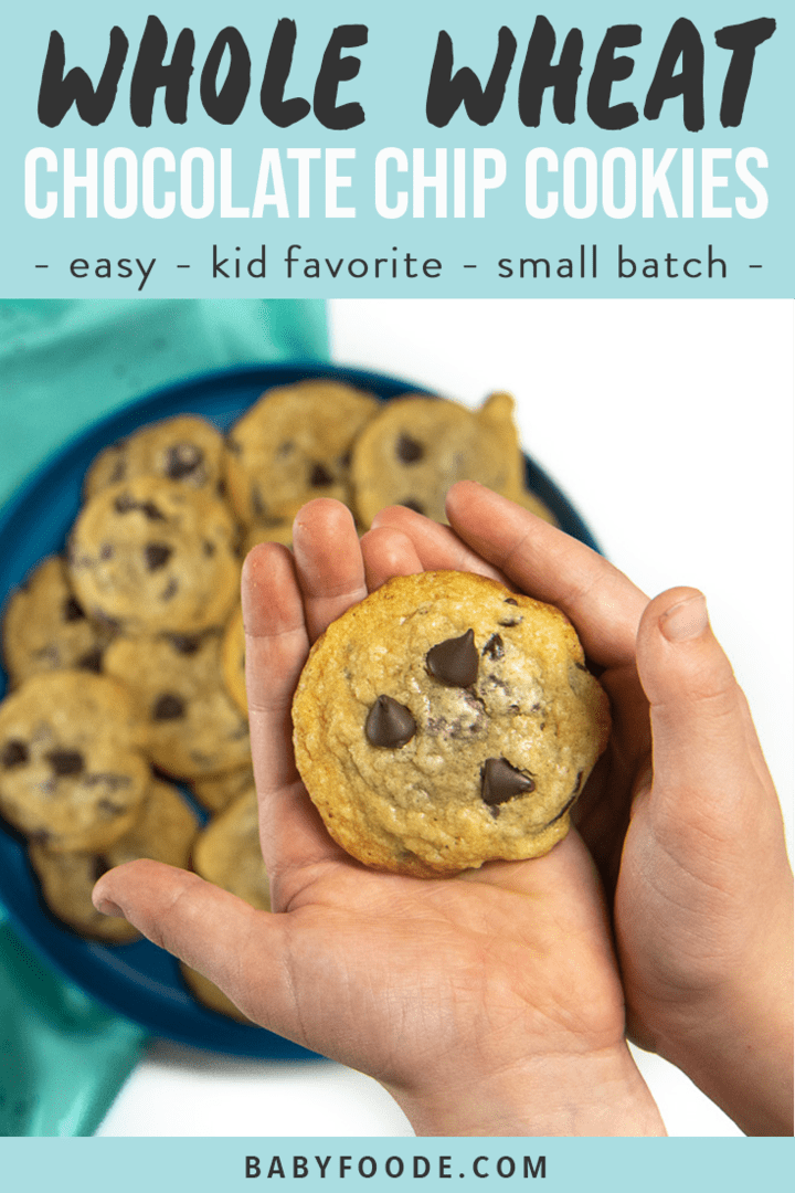 Graphic for Post - whole wheat chocolate chip cookies - easy - kid favorite - small batch. Images are of a small hand holding a cookie as well as a cooking rack with a pile of cookies on top.