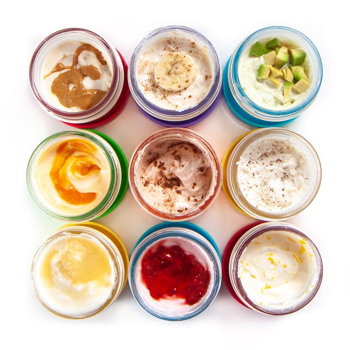 grid of yogurt for babies with 9 fun flavor added in!