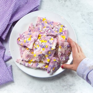 Small hand reaching for frozen unicorn bark.