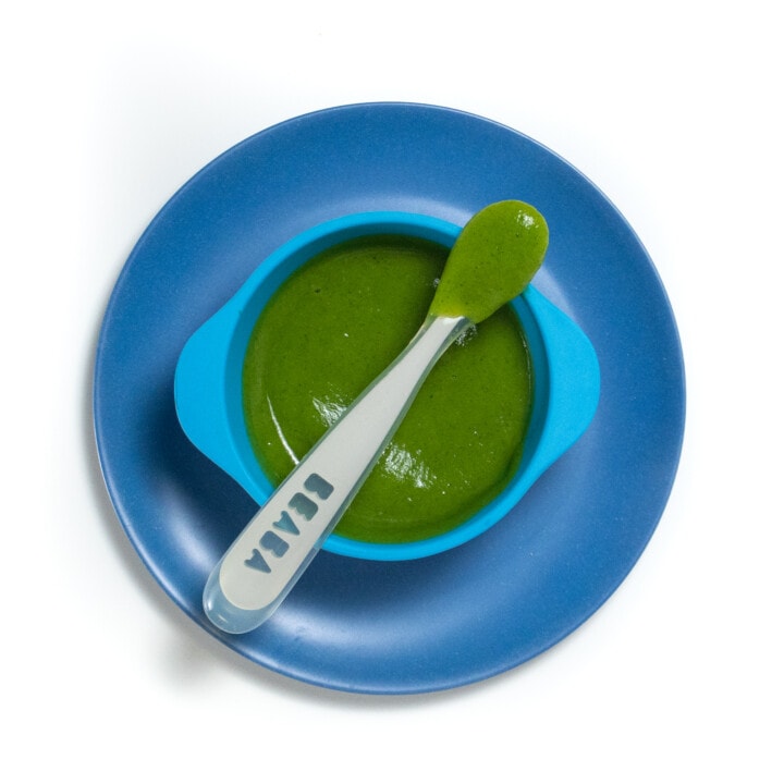 A blue baby bowl sitting on a blue plate with a gray spoon resting on top with a spoonful of zucchini purée inside.