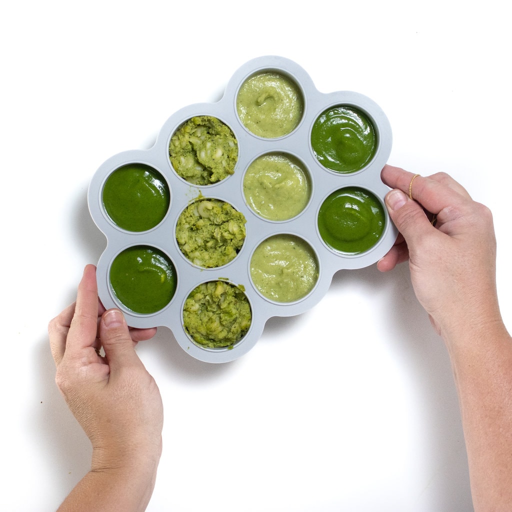 Two hands holding a gray freezer tray with 4 different kinds of zucchini purees for baby ready to be frozen.